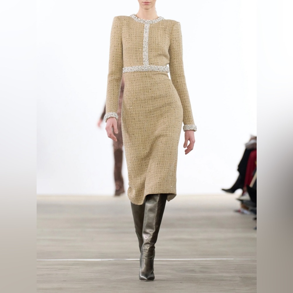 Badgley Mischka Tan Long Sleeve Dress with Silver Accents
